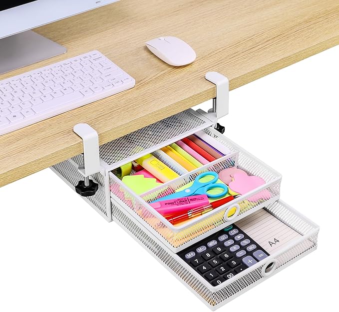 ROSYLINE Under Desk & Desktop Drawer Organizer, 2-Tier Big Capacity | Steel Construction, Clip-On No Drill Installation, Fits A4 Paper, for Office & Household Supplies
