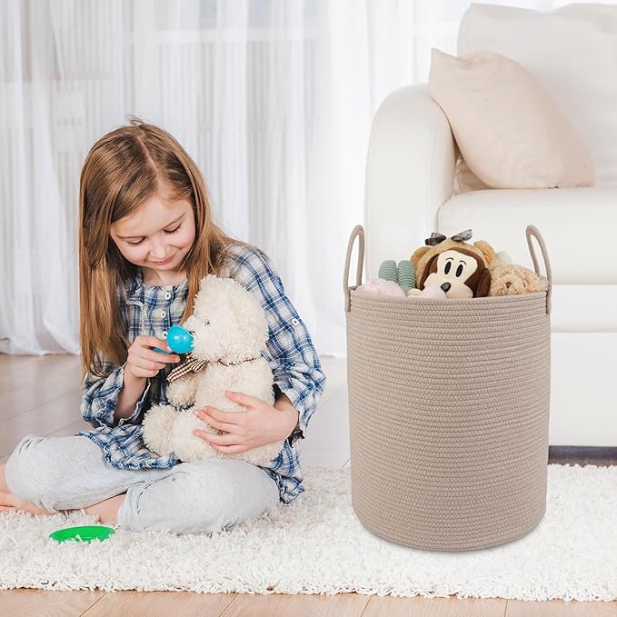 XUANGUO Cotton Rope Laundry Basket Hamper for Clothes, Konjac | Woven Storage Basket for Living Room Bedroom Boho Tall Rope Baskets for Blanket Toys Pillow Towels Baby Nursery Hamper Bin