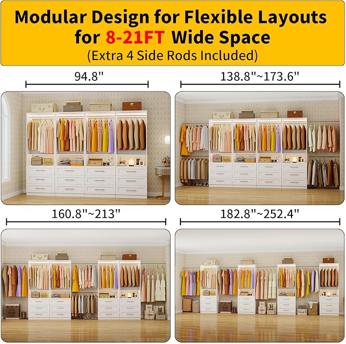 Closet System Set of 4, 8FT-21FT Walk in Closet System with 12 Drawers & 8 Adjustable Hanging Rods, Custom Closet Organizer Systems with 4 Shelves, Modular Closet Storage System Organizer Kit, White