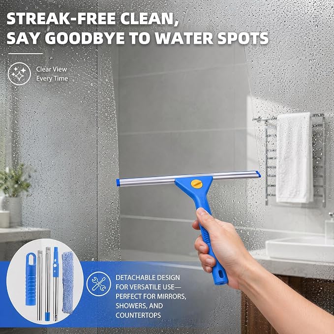 2-in-1 Window Cleaning kit with 51" Extension Poles, Suitable for Indoor & Outdoor Windows, High Glass, High Windows, Multi-Purpose Car Windshield Cleaning(Blue 15.74in - 51.18in)