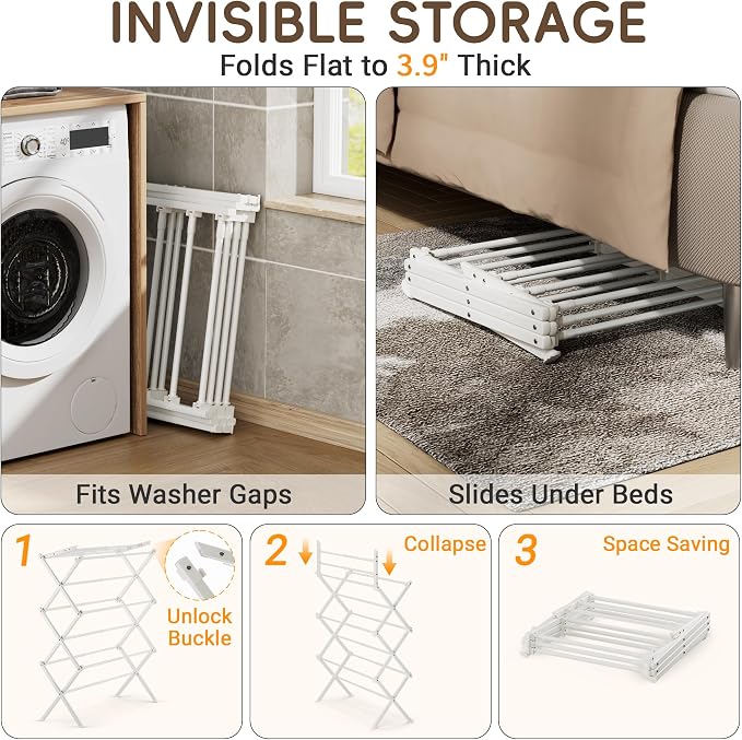 Collapsible Laundry Drying Rack for Small Spaces, White | Folds to 3.9" flat, holds 35 lbs, carbon steel reinforced joints, 19.7"-31.7"W, indoor & outdoor