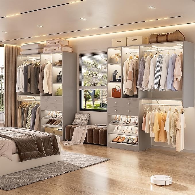 Besiost Closet System - 5FT Small Closet System with Drawers, 60" Closet Organizer System with Reversible Hanging Shelving, Closet Systems for Small/Walk-in Closets, Morandi Grey