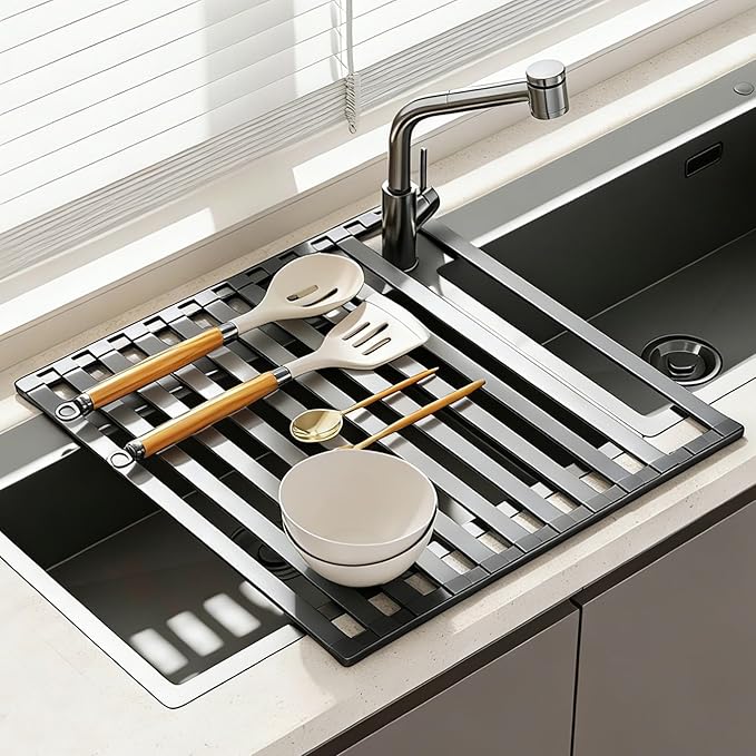 Foldable Over Sink Dish Drying Rack, Extra Wide & Thick Rust-Proof Aluminum Sink Cover for Counter Space, Collapsible Dish Drying Rack Fits Most Kitchen Sinks (Gray, 20.5“x13.6)