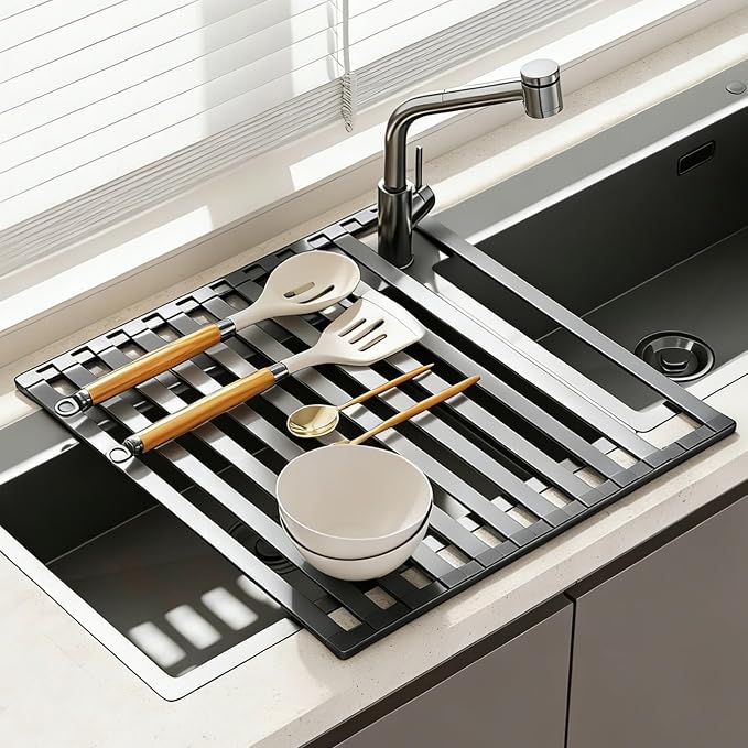 Foldable Over Sink Dish Drying Rack, Extra Wide & Thick Rust-Proof Aluminum Sink Cover for Counter Space, Collapsible Dish Drying Rack Fits Most Kitchen Sinks (Gray, 17.7“x13.6)