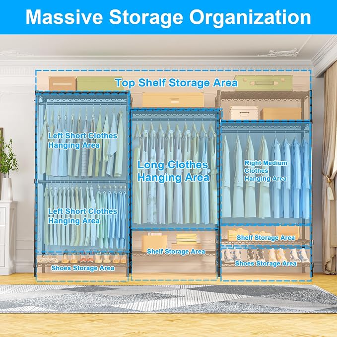 Ulif E13 Pro Heavy Duty Clothes Rack（With 4 Hanger Rods & 8 Shelves） Freestanding Clothing Racks for Hanging Clothes，Adjustable Closet，Metal Garment Rack 75" W x16 D x77 H，Max Load 1000LBS，Black