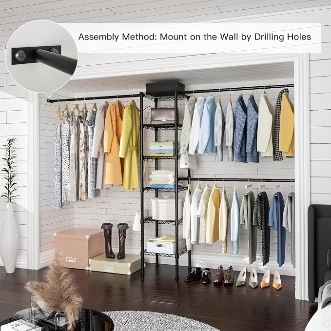 Ulif M1 Closet Storage Organizer System, 6 Tiers Heavy Duty Metal Clothing Garment Rack with 3 Expandable Hanger Rods, Wall Mounted Space Saver Suits from 3.3-8.7 ft. Width, 71.2”H x 14”D, Black