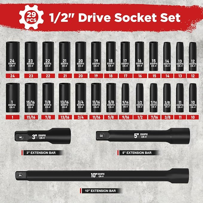 29 Pieces 1/2" Socket Set, Drive Deep Impact Socket Set with 3", 5", 10" Extension Bars, 6 Point SAE and Metric (3/8"-1", 10mm-24mm), Cr-V Steel