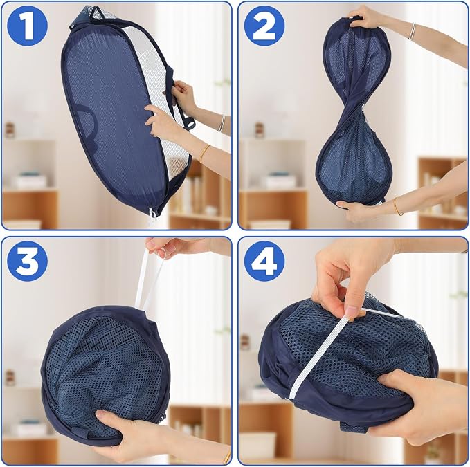 Foldable Laundry Basket Set of 4, Durable Mesh Material, Easy Carry Handles, Perfect for Home, Dorm, Travel - Beige, Navy, Black, Grey