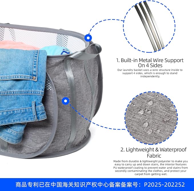 Pop Up Laundry Hamper, Holds 1.5 Loads, Honeycomb Breathable Laundry Basket | Designed at Dryer-Door Height for Easy Unloading, Collapsible with Strong Handles, Lightweight Carry, Tear-Proof Mesh