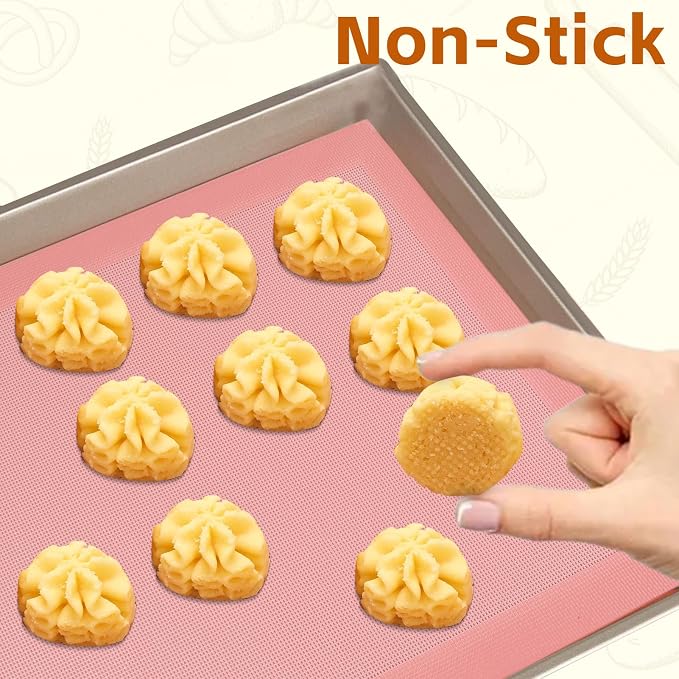 15.7"x11.8" Perforated Baking Mats, Non-Stick Hollow Out Silicone Mat, Reusable Oven Liner for Half Sheet Pan, Making Bread/Pizza/Macaron/Pastry/Cookie (2 Pcs, Pink)