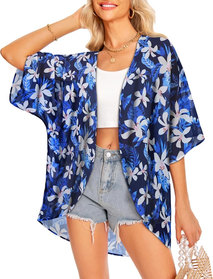 Women Kimono Cardigans Summer Cover Up Hawaiian Shirts Floral Print Tops | ROSEMIA chiffon kimono open front cardigans, beach cover ups, daily casual tops, cruise outfits, summer resort wear