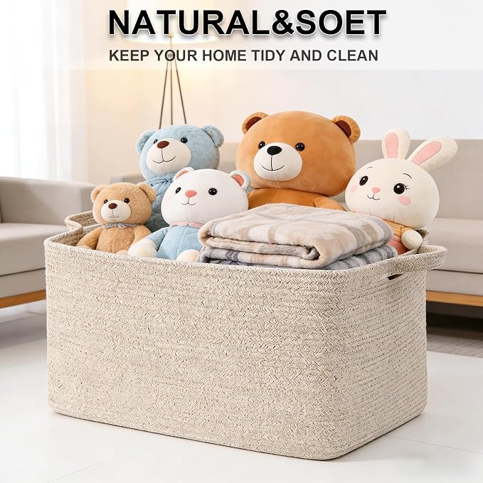 65L Large Laundry Basket with Handles,Woven Blanket Basket,Brown | 21"×16"×12" Collapsible Cotton Rope Storage Basket for Toys Clothes & Pillows, Nursery, Bathroom, Bedroom, Living Room