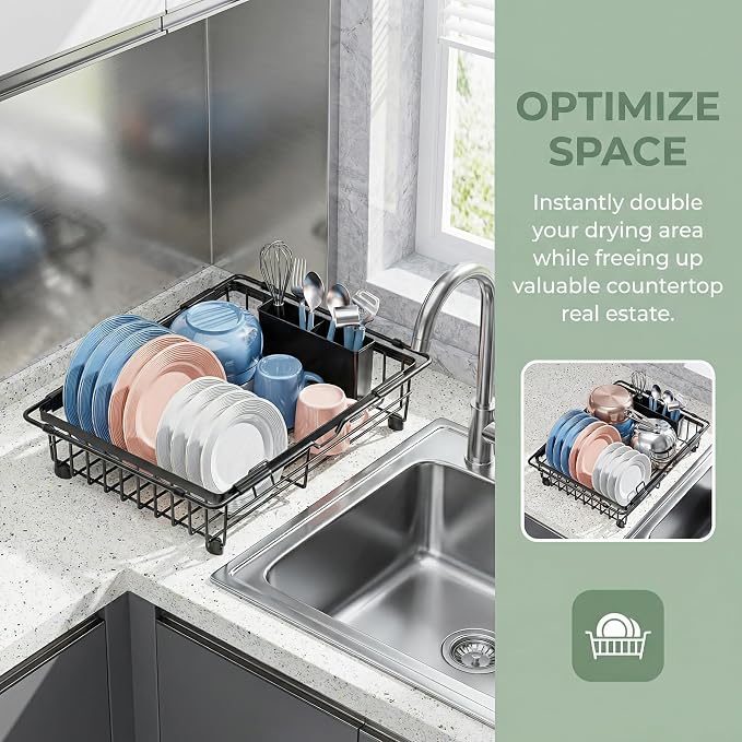 Expandable in Sink Dish Drying Rack - Adjustable Capacity Over The Sink Dish Drainer Drying Rack with Utensil Holder for Kitchen Counter, Drying Rack for Small Space,14.96“L x 11.81“W x 3.74”D