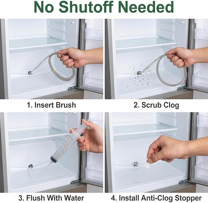 7-Piece Refrigerator Drain Hole Cleaner Kit, 60in Flexible Fridge Drain Cleaning Brush & Hose Set with Syringe, Plungers and Shovel for Unclogging Fridge Water Line & Dispenser
