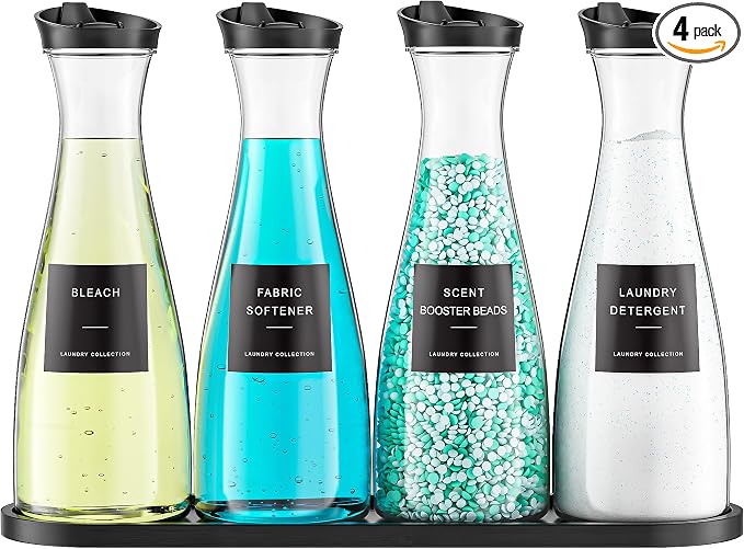 4 Pack Laundry Detergent Dispenser Container, 54OZ Laundry Soap Dispenser | with Tray, Black Laundry Room Organization for Powder, and Fabric Softener