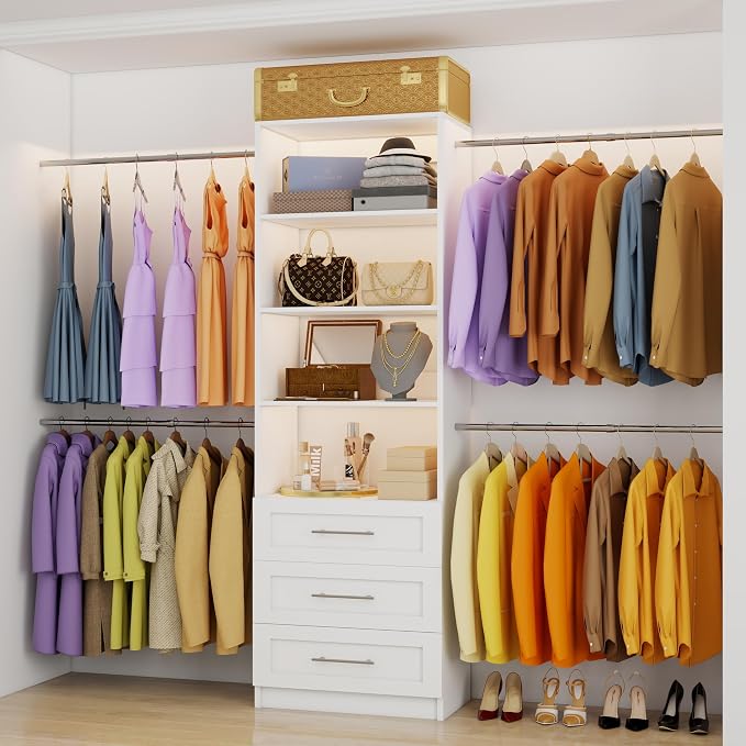 Closet System, 5FT-9FT Closet Organizer System with 4 Expandable Hanging Rods and Moveable Shelves, 115" Walk in Closet System with 3 Wooden Drawers, Custom Built in Closet, Wall Mount
