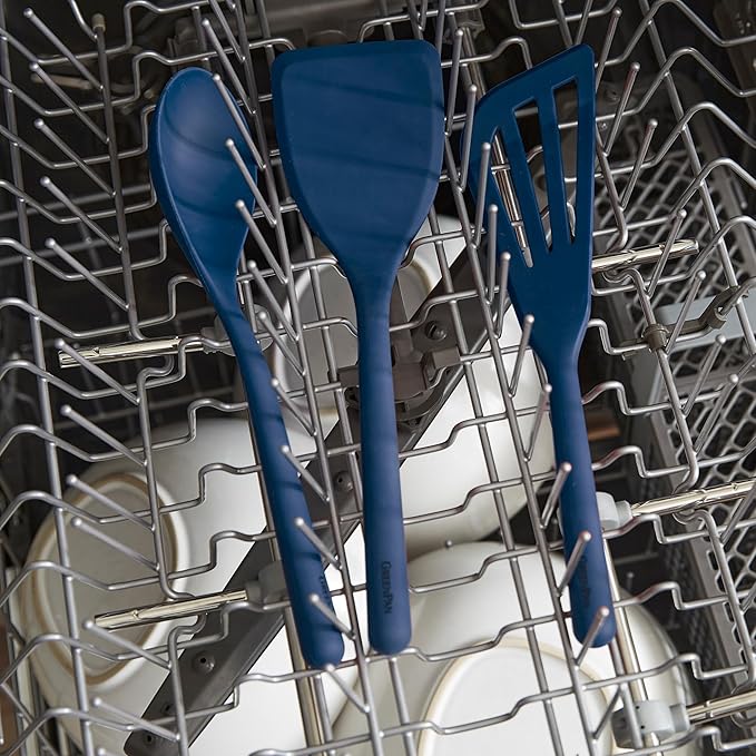 GreenPan Silicone 5 Piece Cooking Utensil Set, Slotted & Solid Spoon, Turner, Spatula, Whisk, Flexible Nonstick Kitchen Tools, Steel Core, Heat-Resistant Anti-Slip Handle BPA-Free Dishwasher Safe Blue