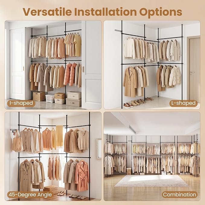 Giantex Floor to Ceiling Clothes Rack, Heavy Duty Garment Rack Adjustable | Tension Pole Closet System w/ Folding Drying Rack, Reacher Pole, Metal Garment Organizer for Bedroom, Laundry Room, Closet