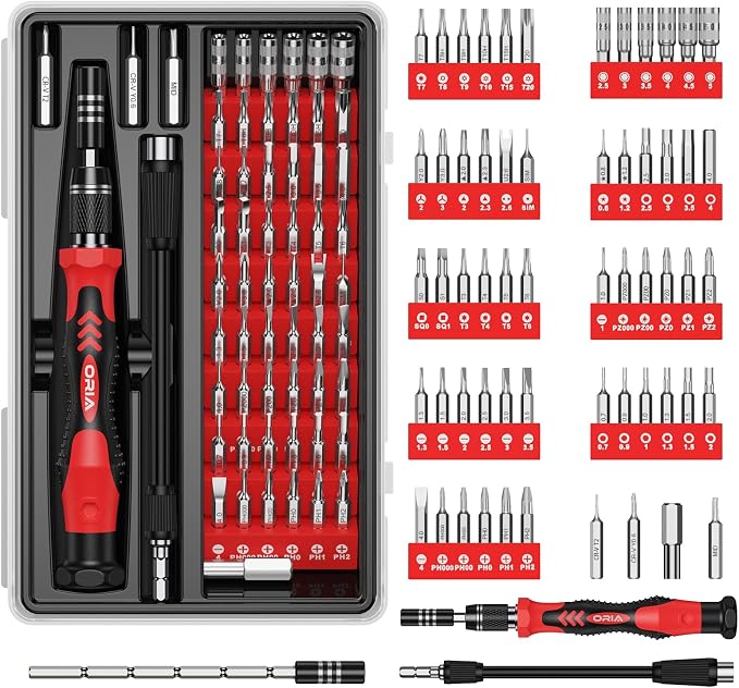 ORIA Precision Screwdriver Kit, Mini Screwdriver Set, 61 in 1 with 57 Bits Repair Tools with Flexible Shaft, Extension Rod for Mobile Phone, Smartphone, Tablet, PC, Red