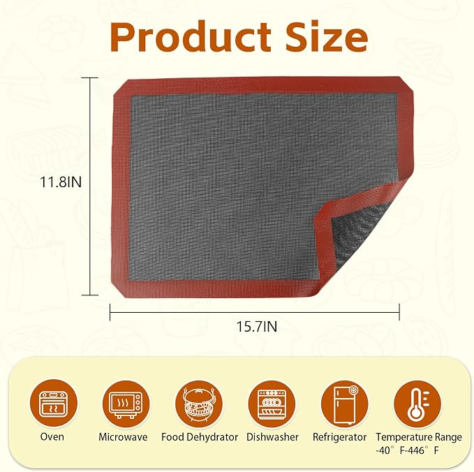 16.5"x11.6" Perforated Baking Mats, Non-Stick Hollow Out Silicone Mat, Reusable Oven Liner for Half Sheet Pan, Making Bread/Pizza/Macaron/Pastry/Cookie (2 Pcs, Black Corner Cut)