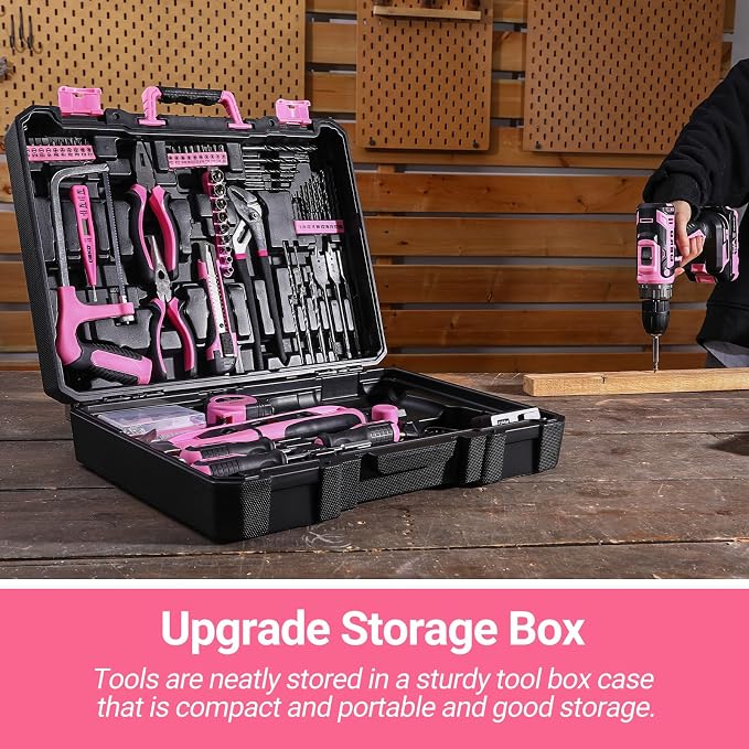 Pink Power Drill Tool Kit Set: 20V Cordless Electric Drill, Driver, Tool Box with Battery