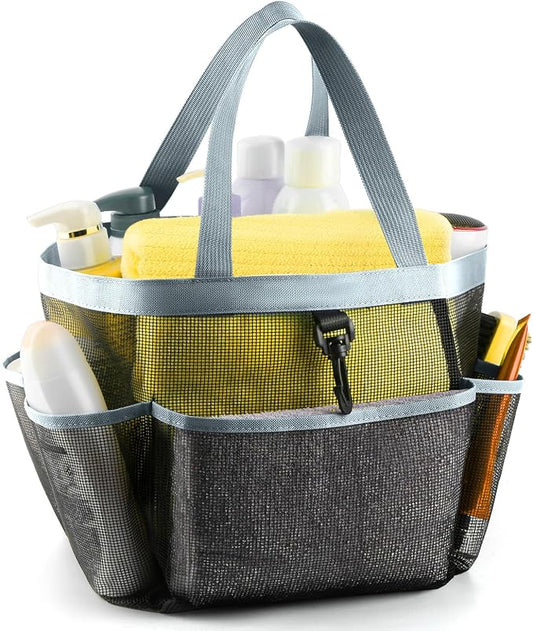LOYEE Mesh Shower Caddy Portable for College Dorm Room Essentials with 8 Pockets,Shower Bag for Beach,Swimming,Gym,Travel,Bathroom(Grey)