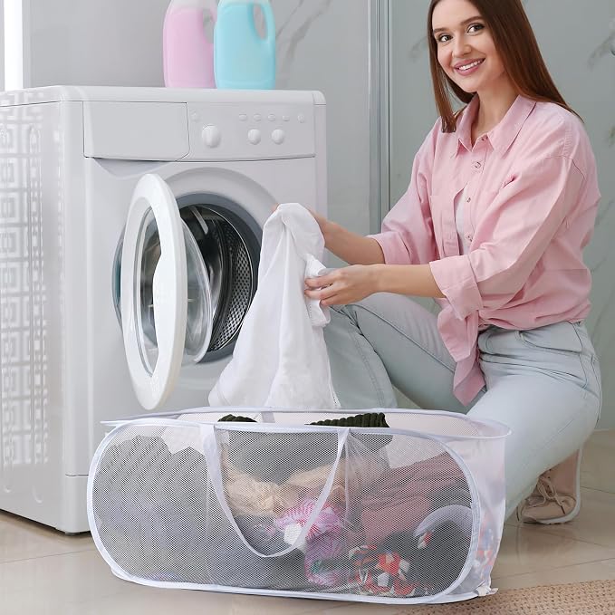 2 Pack Mesh Foldable Laundry Basket Up Laundry Hamper (White) | 3 Compartments Up Mesh Hamper with Handles, Mesh Laundry Hamper for Laundry Room, Bathroom, Room, College Dorm or Travel