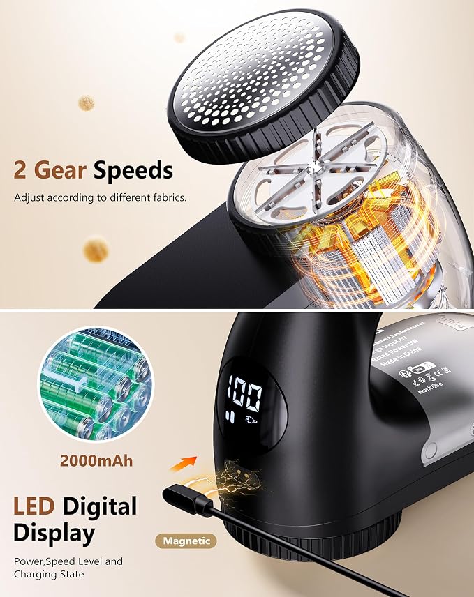 PKBD IPX6 Waterproof Washable Electric Fabric Shaver and Lint Remover, Rechargeable Sweater Defuzzer with 3 Free Extra Blades, Quickly and Effectively Remove Fluff,Fuzz,Bobbles for Clothes, Dark Black