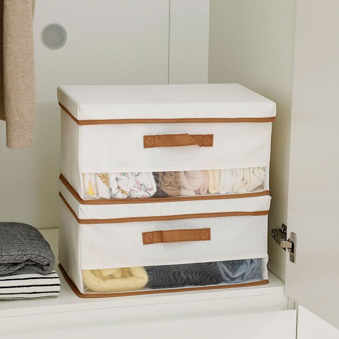Closet Storage Bins with Lid, Large Stackable Oxford Fabric Organizer with Mesh Window and Handles, Foldable Basket for Clothes, Towels, Toys, Nursery, Beige, 2 Pack
