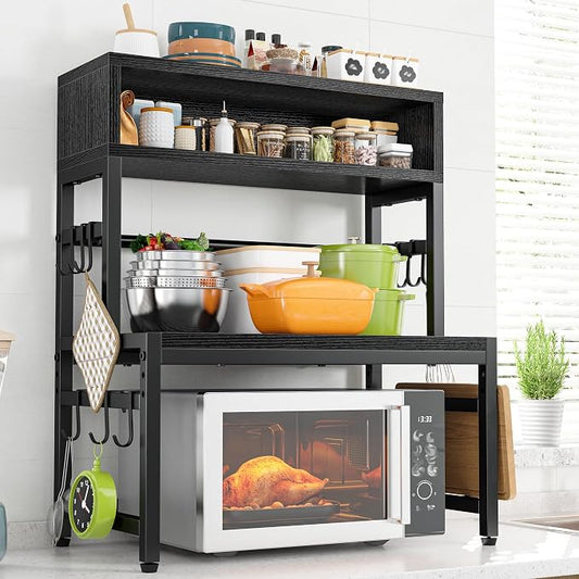 EnHomee 4-Tier Microwave Stand for Kitchen Storage, Black | 205 lb Capacity, Adjustable Kitchen Shelves with 9 Hooks & Cutting Board Rack