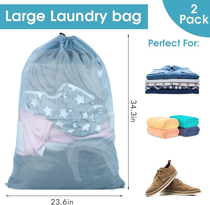 2 Pack Mesh Laundry Bags 23x34 Inch Drawstring Locking for Travel Home | Mesh bags with locking drawstring, Tear-resistant for blankets & towels, Lightweight foldable for travel/dorm