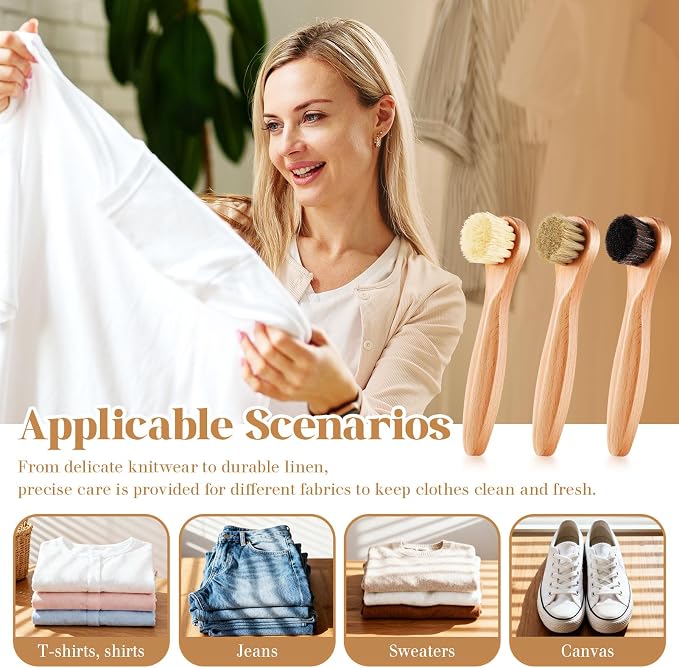 3 Pcs Wooden Laundry Stain Brush Stain Remover Dauber Brushes with Round Head Boar Bristle Small Stain Brush for Clothes for Scrubbing Stains from Furniture Fabric Leather(Style A)