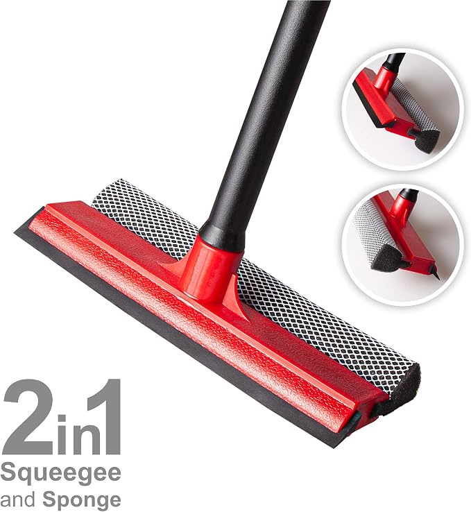 DSV Standard Window Squeegee for Car Windows, 2-in-1 Window Cleaner for Car Windshield, Gas Station, Shower, and Glass | Auto Squeegee with 17.5" Handle, 8" Soft Rubber Blade & Highly Absorbent Sponge