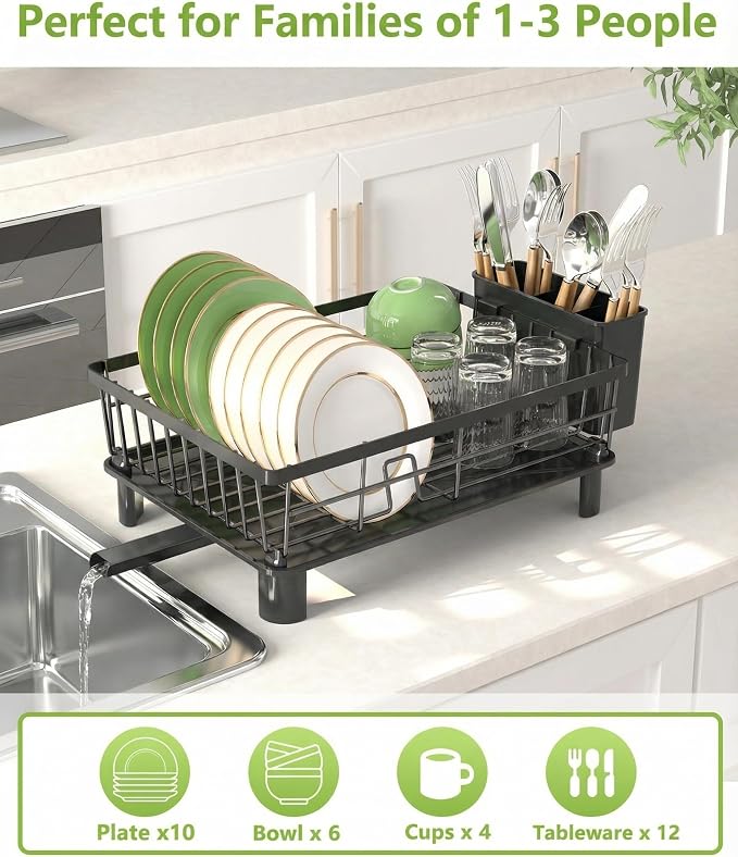 Dish Drying Rack for Kitchen Counter,Stainless Steel Drainers Rack with Detachable Cutlery Holder,Automatic Drainage System,Anti-Rust Dish Strainer Ideal for Families and Home