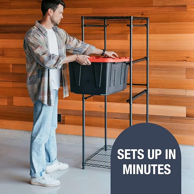 CleverMade Tote Tower, 5-Tier Rack for 27-Gallon Totes, Black | Individual rails let 5 totes slide out without unstacking. Powder-coated steel supports 50 lb per shelf and 250 lb total.