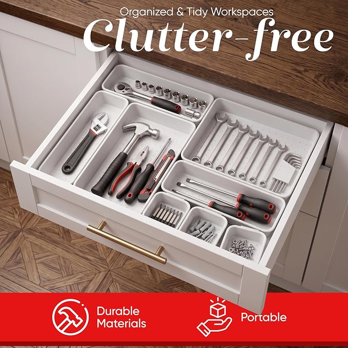 Masirs Interlocking Drawer Organizer Bins - Durable Plastic, Various Sizes for Custom Layout Design. Great for Desk Drawer, Tool Box or Garage Organization. (White | 8-Piece Set)