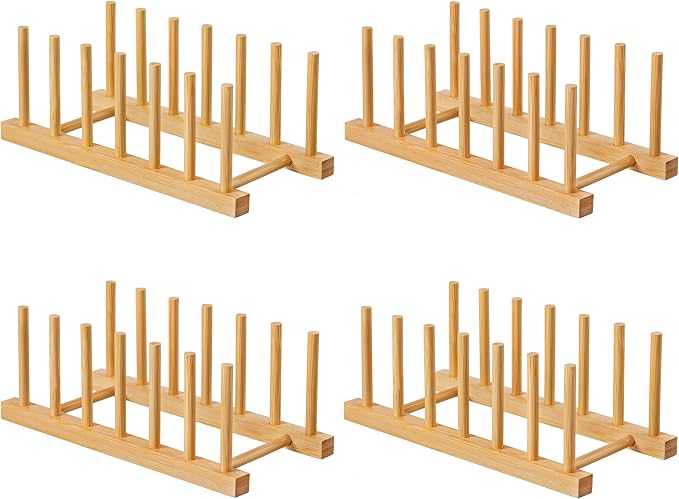 HBlife 4pcs Bamboo Dish Plate Bowl Cup Book Pot Lid Cutting Board Drying Rack Stand Drainer Storage Holder Organizer Kitchen Cabinet（Keep Dry）