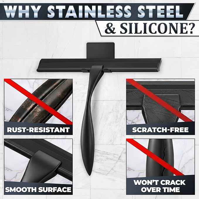 10 Inch Shower Door Squeegee - Black Shower Squeegee for Streak-Free Bathroom Glass - Stainless Steel Cleaner with Silicone Blade, Adhesive & Hanging Hooks for Mirror, Tile, Window, Car, Everyday Use