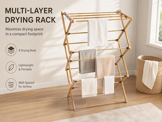Foldable&Dismountable 3-Tier Bamboo Clothes Drying Rack, Multi-Tier Collapsible Laundry Hanger, Space Saving Garment Stand for Indoor Outdoor Balcony Bathroom. (Original, 28" D X 15" W X 39.3" H)