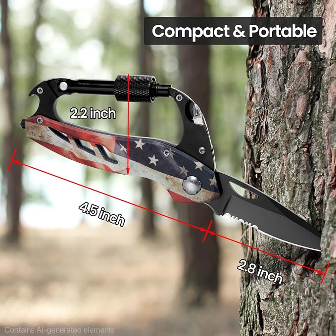 FUNBRO Multitool Carabiner Knife Tools for Men, Bottle Opener | Cool Gadgets Gear with Folding Knives, Window Breaker and Screwdriver for Hiking Camping, 7-in-1 Edc Multi Tool (usa Flag)