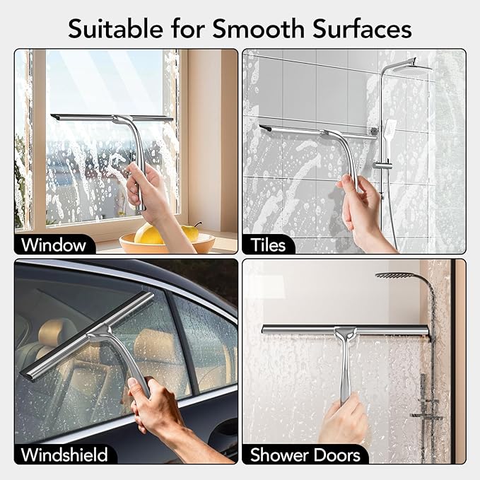 Shower Squeegee for Shower Glass Door with Adhesive Hook | Stainless Steel Squeegee for Shower Glass, Window Squeegee for Cleaning Tile Wall, Mirror, Car(10", Silver)