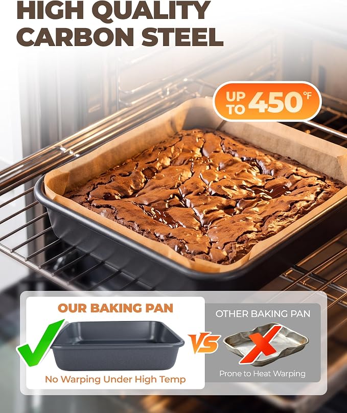 Bake Choice 8 x 8 Inch Square Brownie Cake Pan With 30 Pre-Cut Parchment Liners, Carbon Steel Non-Stick Baking Pan for Baking Toast Cakes Banana Breads, Homemade Dessert Bakeware