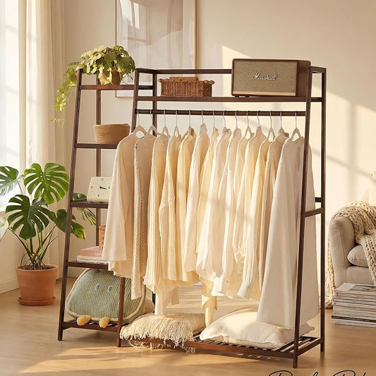 Baveke Bamboo Clothing Garment Rack 7 Tier Storage Shelf Coat Clothes Hanging Rack, Portable Wardrobe Closet Organizer With Top Shelf, Shoe Storage Shelves for Bedroom, Brown, FSC-Certified Bamboo