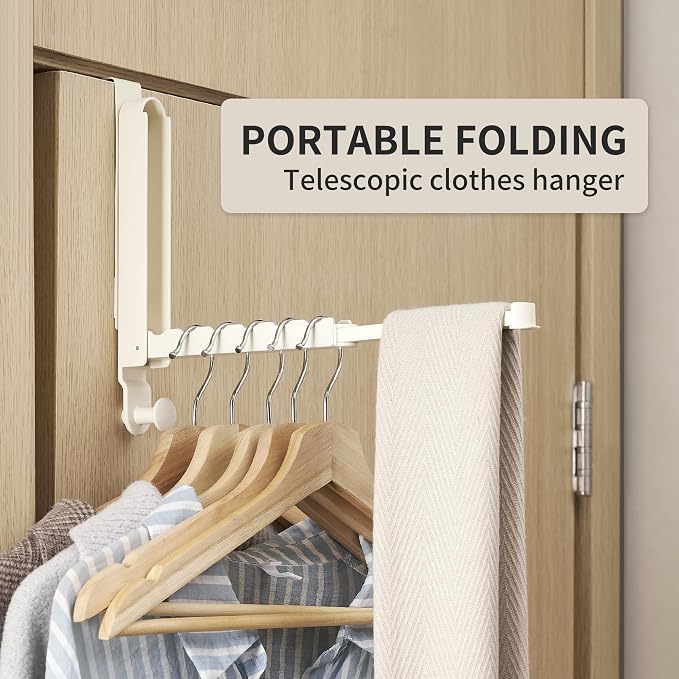 RFOUO Over The Door Hooks Hanger,Fits Door up to 1 3/4",Milky White, 2 Pack | Aluminum,Retractable Rod, Space-Saving, Foldable Over The Door Drying Rack,No drilling, For Laundry Bathroom Bedroom Travel