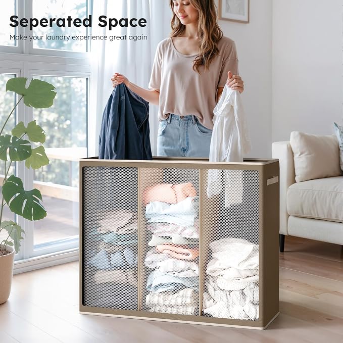 SOLEDI 180L 3-Section Laundry Hamper with Lid, Extra Large Dirty Clothes Basket with Sturdy Handles for Laundry Room & Bedroom - Durable Organizer for Sorting Laundry
