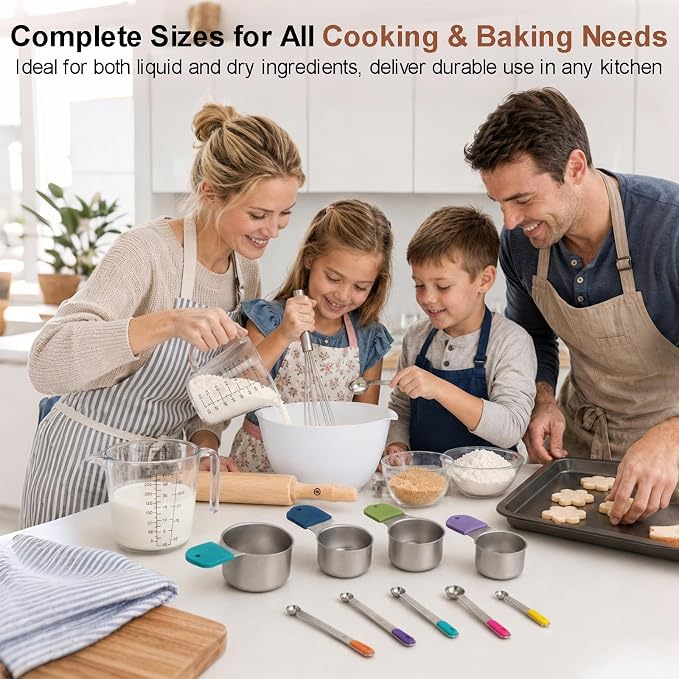 Stainless Steel Measuring Cups and Spoons Set, 7 Magnetic Measuring Cups, 5 Metal Measuring Teaspoons, 3 Plastic Measuring Cups for Kitchen Cooking & Baking, Dry & Liquid Ingredients