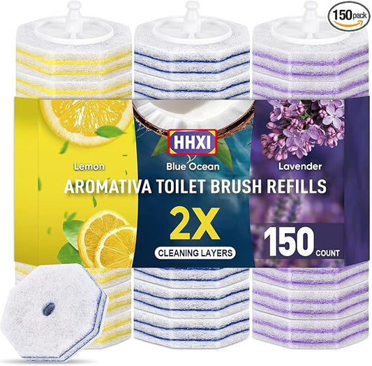 150Ct Aromative Toilet Brush Refills, Toilet Bowl Cleaner Refills, Double-Layer Cleaning Pads Added, Disposable Refill Heads for Toilet Bowl Cleaner Wands, Bulk （Patented）