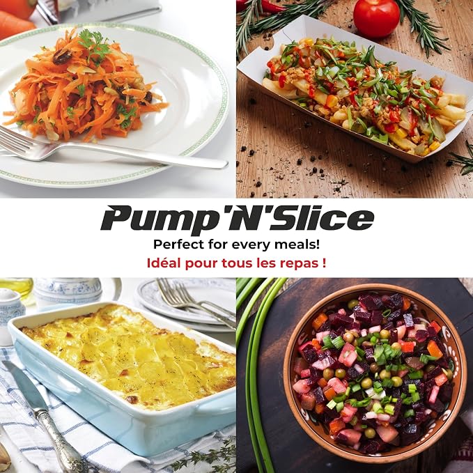 Starfrit Pump'n'Slice - Vertical Mandoline, Food Chopper, Slicer - Precision Adjustable Slicing, Julienne, Dicing - Safe Enclosed Blades, Fold for Storage - High Efficiency Spring Pump - Cleaning Tool