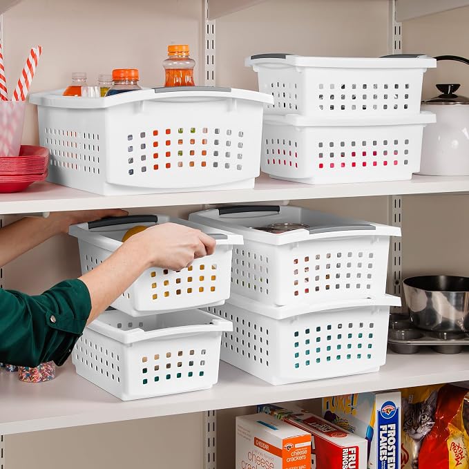 Sterilite 16 Pack Medium Stacking Basket, Open Top Storage Bin with Handles, White - Ideal for Home Closets, Kitchens, or Office Organization
