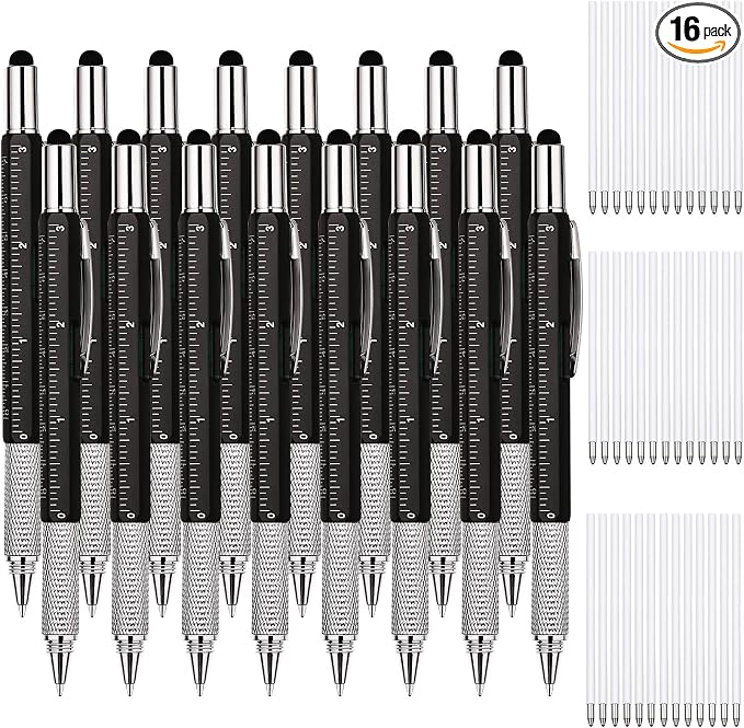 Zhanmai 16 Pcs Multi Tool Pens for Men, 6 in 1 Multitool Ballpoint Pen with Screwdriver Ruler Level Stylus Refills, Bulk Gifts for Employees Office Gadget Supplies Birthday Christmas Stocking Stuffers